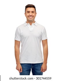 Clothing, Advertisement And People Concept - Smiling Middle Aged Latin Man In White Blank Polo T-shirt