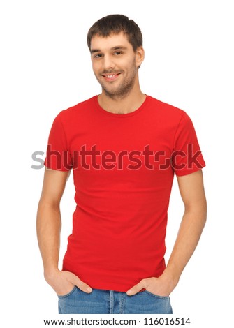 clothing design concept - bright picture of handsome man in blank red shirt