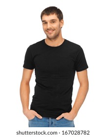 clothing design concept - handsome man in blank black t-shirt