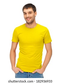 Clothing Design And Hapy People Concept - Handsome Man In Blank Yellow Shirt