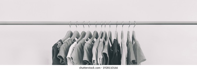 Clothing Rack Of Women's Closet Organizing Clothes For Spring Cleaning Or Fashion Store Outlet Sale. Panoramic Black And White Style Banner.