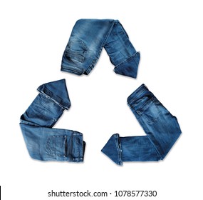 clothing recycling. Second-hand clothes. Recycling symbol with jeans