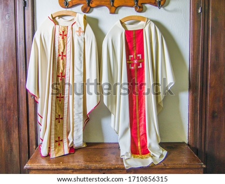clothing and vestments of the priest for the mass in the old sacristy of the church