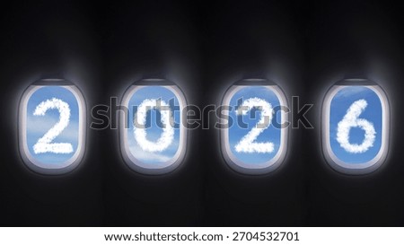 cloud 2026 outside the plane window, four airplane windows open white window shutter wide with blue sky view and white cloud in 2026 shape