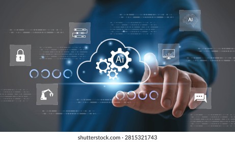 Cloud AI automation interface with smart data management, cybersecurity and analytics technology. Futuristic cloud computing concept for digital transformation and business workflow.