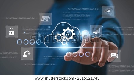 Cloud AI automation interface with smart data management, cybersecurity and analytics technology. Futuristic cloud computing concept for digital transformation and business workflow.