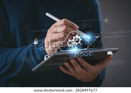 Cloud AI technology concept featuring a digital cloud with artificial intelligence icons, representing cloud computing, automation, secure data management, machine learning, digital transformation.