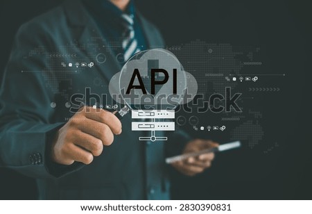 Cloud API integration concept with application programming interface, cloud computing, data exchange, system connectivity, digital transformation, software development, and automation.
