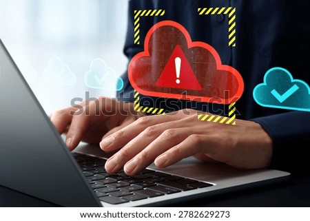 Cloud application unavailable due to system issue or error. Service disruption and technical problem. Businessman unable to access services on laptop computer.