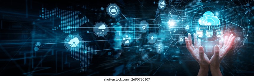 Cloud architect holding global network and cloud computing systems, virtualization infrastructure SaaS PaaS scalability automation storage deployment integration data services.