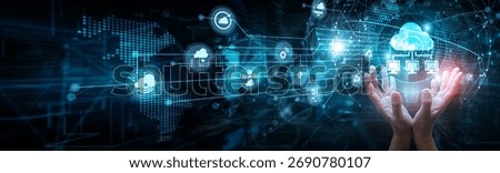 Cloud architect holding global network and cloud computing systems, virtualization infrastructure SaaS PaaS scalability automation storage deployment integration data services.