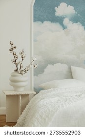 Cloud Backdrop: Serene Bedroom Interior with Cotton Branch Accent
