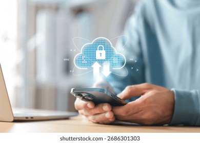 Cloud based file storage with advanced security , Man working with mobile phone showing cloud computing diagram .