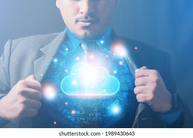 cloud business technology Male businessman splitting suit showing analyzing and processing big data technology cloud on the chest of the shirt.
