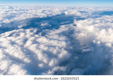 Cloud and cloudscape aerial sky. Aerial cloudscape view covered with cloud. Aerial cloudy sky view. Cloud view from plane. Sky in cloud. Cloudscape with cloudy weather. Nebulosity background