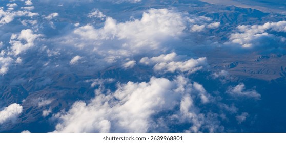 Cloud and cloudscape aerial sky. Aerial cloudscape view covered with cloud. Aerial cloudy sky view. Cloud view from plane. Sky in cloud. Cloudscape with cloudy weather. Nebulosity background