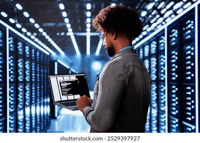 Cloud Computer Engineer Coding In Server Room In Data Center. Configuring AI Technology