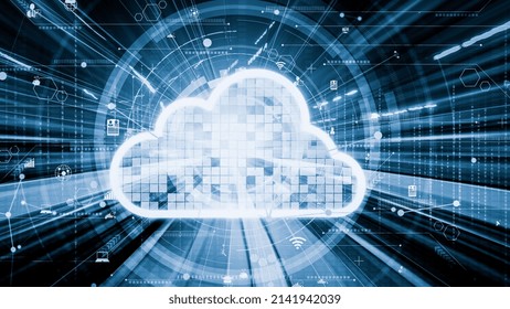 Cloud computer and online data storage with tacit intelligent sharing software . Concept of smart digital transformation and technology disruption that changes global trends in new information era .