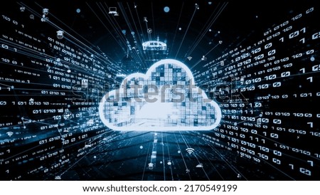 Cloud computer and online data storage with tacit intelligent sharing software . Concept of smart digital transformation and technology disruption that changes global trends in new information era .