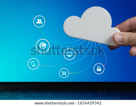 Cloud computer technology concept with focus on security, digital data storage, remote user access, online shopping and mobile device file sharing - Global business cyberspace network infrastructure