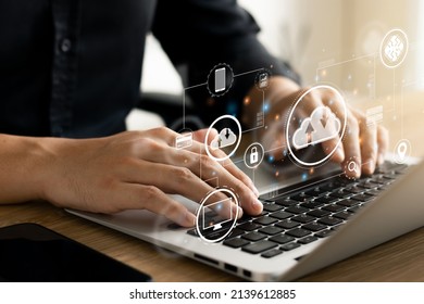 Cloud Computer technology and storage online for computer business network ideas connected to Internet server services for cloud transfer shown in the future Network of Data. - Shutterstock ID 2139612885