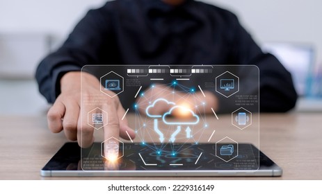 Cloud Computer technology and storage online for computer business network ideas connected to Internet server services for cloud transfer shown in the future Network of Data.