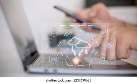 Cloud Computer technology and storage online for computer business network ideas connected to Internet server services for cloud transfer shown in the future Network of Data.