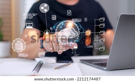 Cloud Computer technology and storage online for computer business network ideas connected to Internet server services for cloud transfer shown in the future Network of Data.