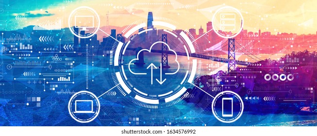 Cloud computing with aerial view of the Bay Bridge in San Francisco