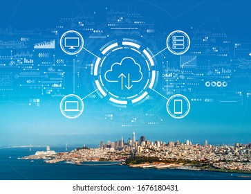 Cloud computing with aerial view of the bay in San Francisco