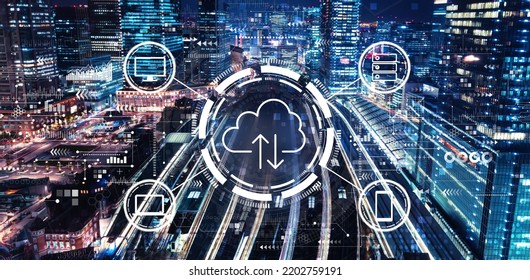 Cloud computing with aerial view of a large train station
