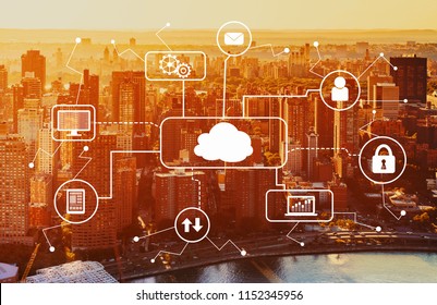 Cloud computing with aerial view of Manhattan, NY skyline