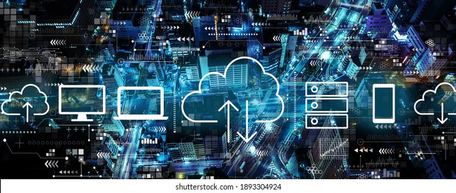 Cloud computing with aerial view of urban city at night
