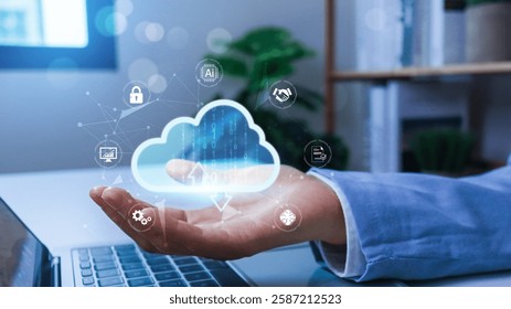Cloud computing and Ai technology server.Businessman hosting Cloud technology. Data storage. Networking and internet service concept. DMS data management system online, upload and download.