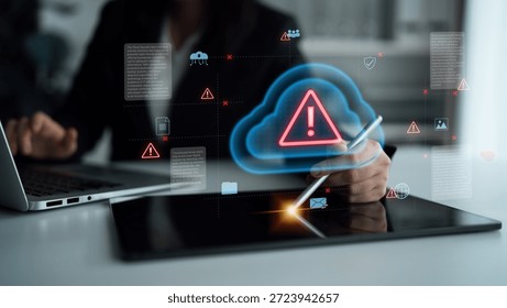 Cloud computing with alert icons and security elements, representing real-time threat detection, risk prevention, and digital infrastructure protection Parse