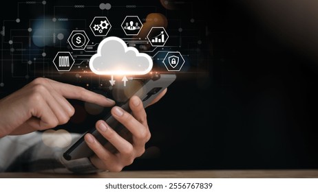 cloud computing backup technology concept ,Access to server communication services ,database connection with modern hardware and software ,interface for uploading and downloading data 
