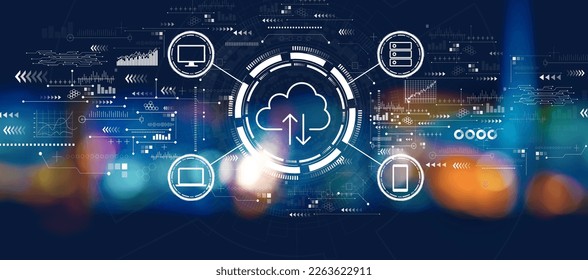 Cloud computing with blurred city lights at night