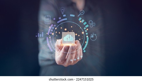 Cloud computing business communication technology. Concept global network storage, digital information networking server, wireless connect database symbol, media software mobility, internet access.