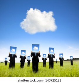 cloud computing and business thinking concept. businessman showing cloud thinking board on the field