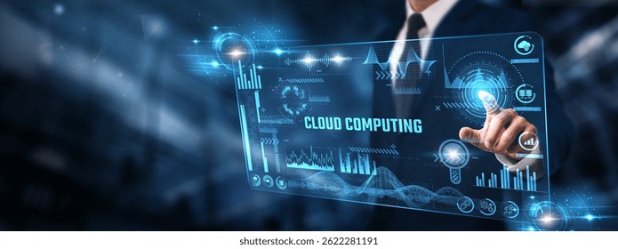 Cloud Computing: Businessman analyzing digital screen of graph data and data storage, scalability, virtualization, remote access, and security management.