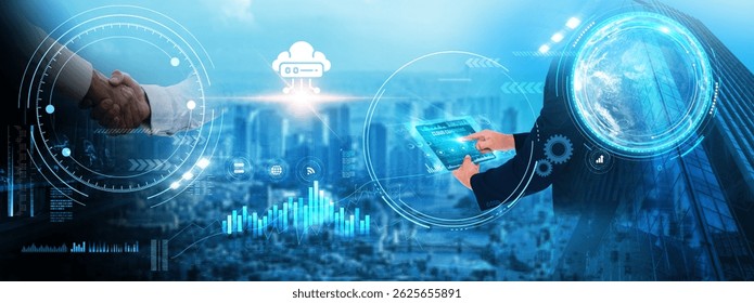 Cloud Computing: Businessman analyzing real-time futuristic data and growth. Scalability, storage optimization, server management, data security, resource allocation, virtualization