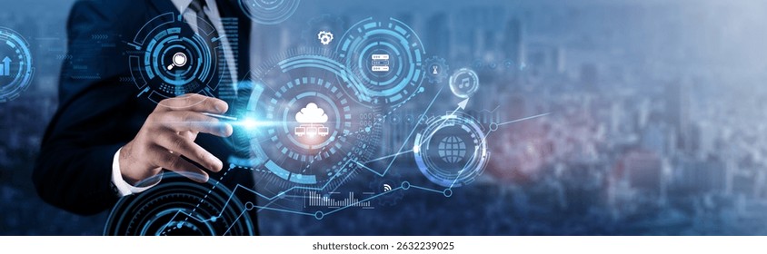 Cloud Computing: Businessman analyzing technological data and cloud storage, data security, scalability, virtual infrastructure, resource optimization, remote access, and business agility.