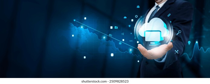 Cloud Computing: Businessman hand holding virtual Cloud Computing icon with Technological Icons. Data Storage and Accessibility, Scalability and Flexibility. - Powered by Shutterstock