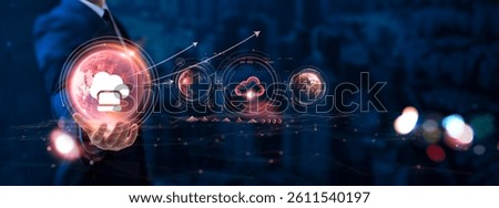 Cloud Computing: Businessman hand holding globe with network connecting data of digital technology, scalability, flexibility, data storage, remote access.