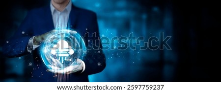 Cloud Computing: Businessman holding innovation technology develop smart solution from digital interfaces, scalability, flexibility.