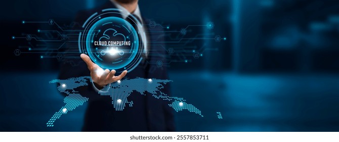 Cloud Computing Businessman Holding the Cloud Network Connecting Icon Linking Business and Infrastructure with Cloud System and Global Network