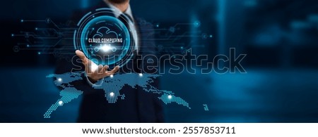 Cloud Computing Businessman Holding the Cloud Network Connecting Icon Linking Business and Infrastructure with Cloud System and Global Network