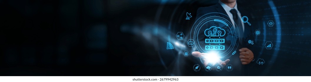 Cloud Computing: Businessman holding the power of virtualization, business and global cloud-based network. Data storage, remote accessibility, scalable infrastructure, and real-time collaboration.