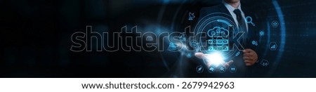 Cloud Computing: Businessman holding the power of virtualization, business and global cloud-based network. Data storage, remote accessibility, scalable infrastructure, and real-time collaboration.