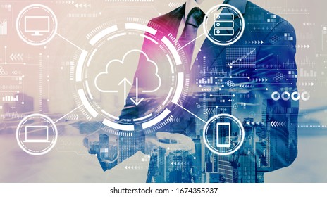 Cloud computing with businessman holding a tablet computer